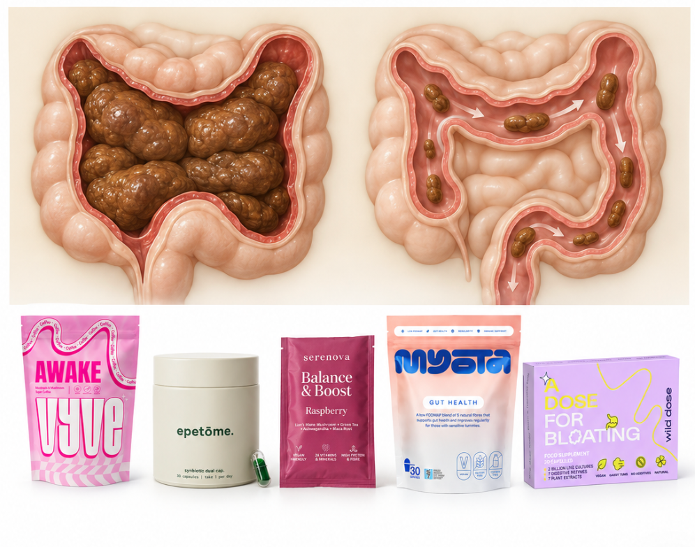 Illustration comparing bowel contents and movement above the five products: VYVE, Epetōme, Serenova, Myota and Wild Dose