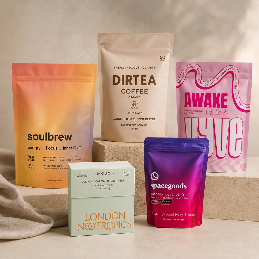The five UK mushroom coffees we compared: SoulBrew Rise, DIRTEA Coffee, Awake by VYVE, London Nootropics and Spacegoods Rainbow Dust